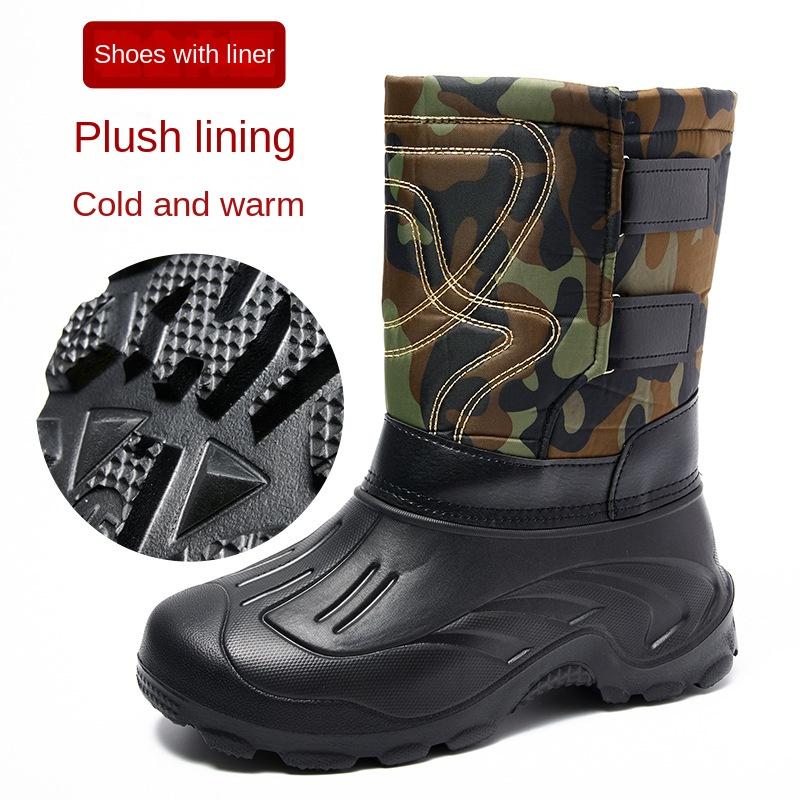 Fashion Men's Snow Boots Waterproof Steel Nails Midtube Fishing Boots Plus Velvet Anti-cold Boot for Men Winter Outdoor Camouflage Boots