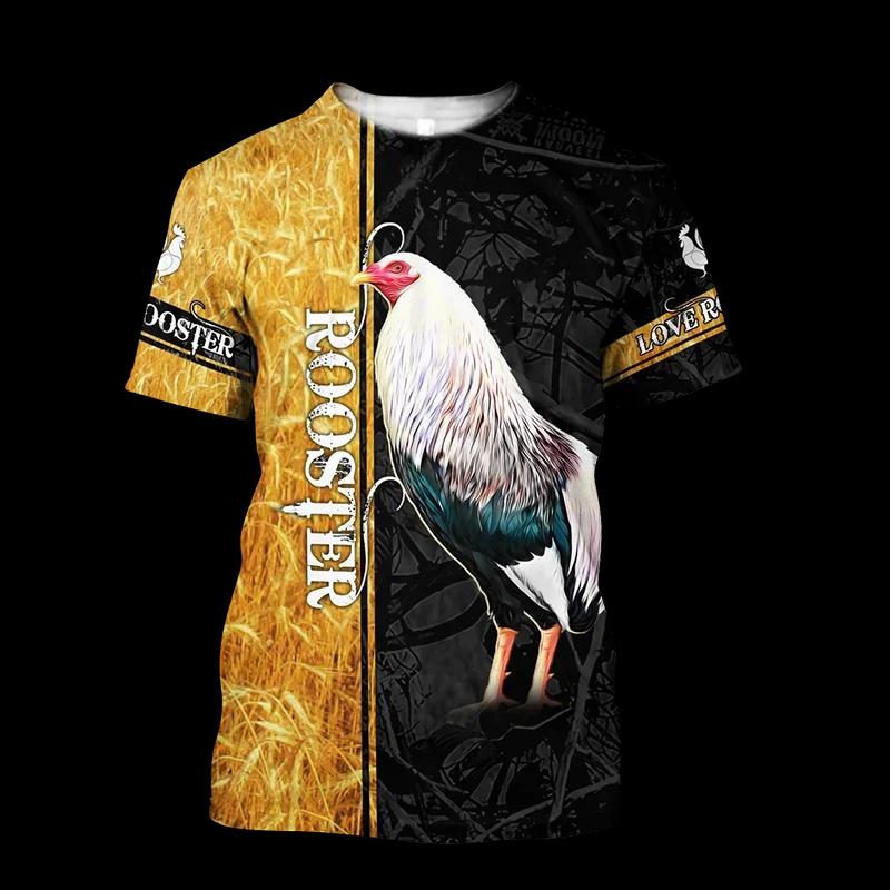 Fighting Rooster 3D Printed Round Neck T-shirt for Men, Fashionable Short Sleeved Pullover, Casual Street Harajuku Tops