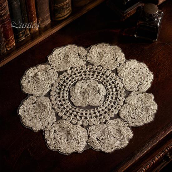 Round Lace Placemats Rose Placemat, Embroidered Coaster Place Mat, Retro European Style Table Decor Doily for Tea Cup Vase Dining Decoration