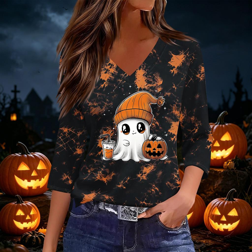 Women's Casual V-Neck Three-Quarter Sleeve Top with Halloween Print