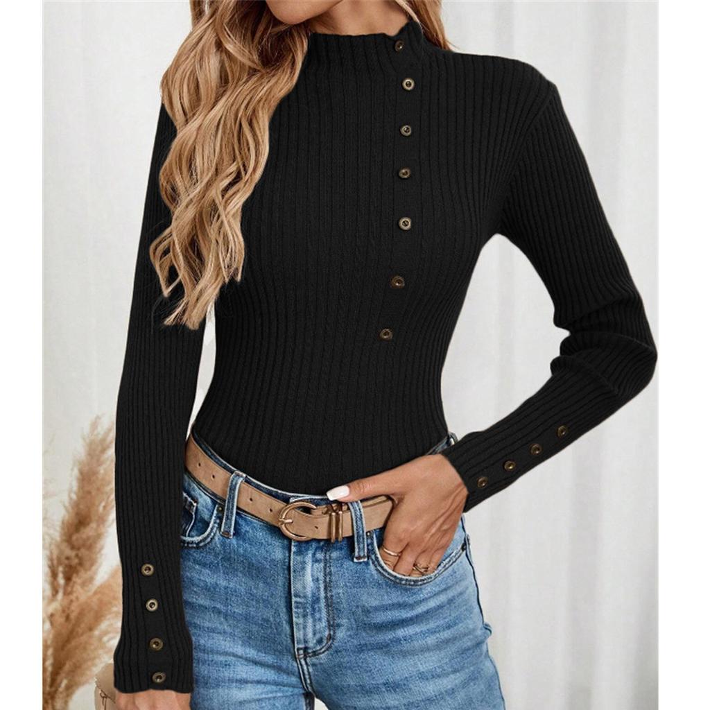 Women's Casual Solid Color Slim Button Knit Sweater Long Sleeved Base Sweater Sweater