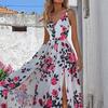 Vestido de Senhora Decote em V Cintura Ajustada Bainha Fendida Estampa Floral Sem Mangas Alça Vestido de Férias de Praia Roupa Feminina