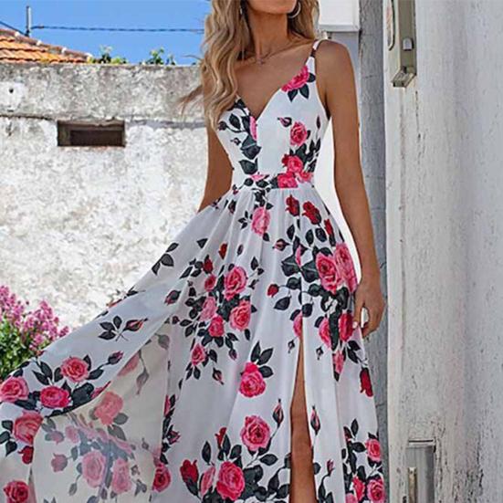 Vestido de Senhora Decote em V Cintura Ajustada Bainha Fendida Estampa Floral Sem Mangas Alça Vestido de Férias de Praia Roupa Feminina