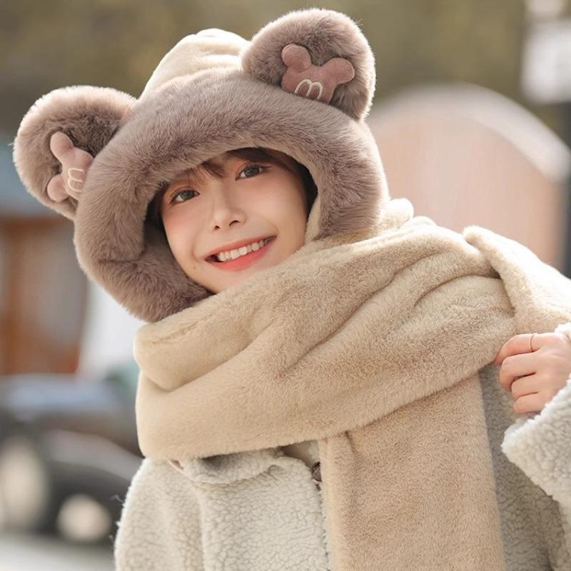 Bear hat women's winter scarf three-piece winter plush hooded integrated thermal gloves ear protection scarf