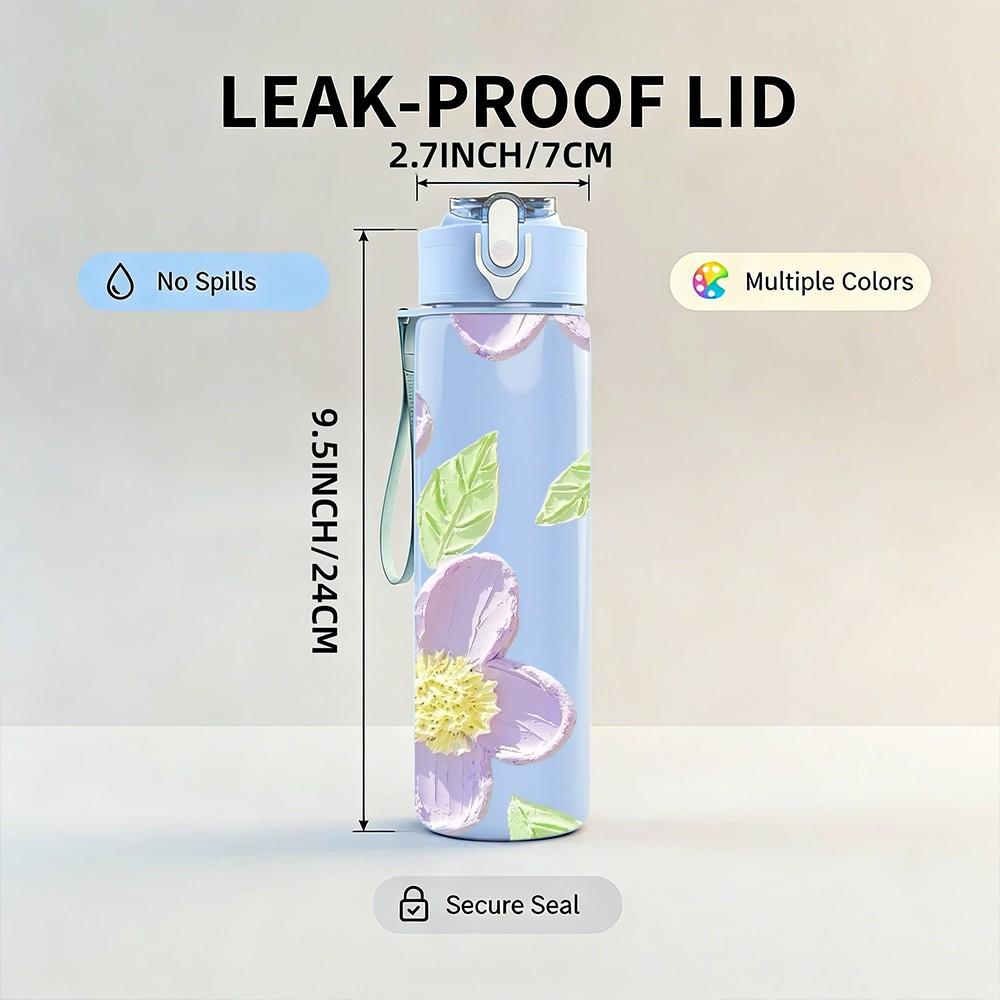 1PC Soft Pastel Purple Floral Leaf Print 750ml Color Plastic Sports Water Bottle Leakproof Flip Straw Lid Suitable for Sports Office Home Use