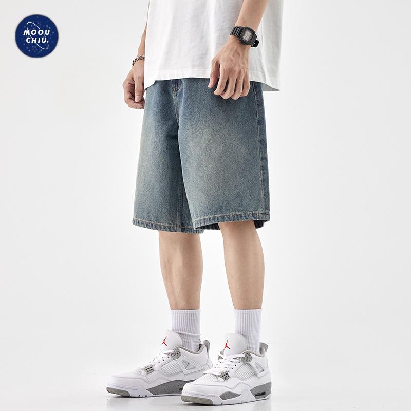 Mu Qiu Men's Denim Shorts | Trendy Plus Size Retro-Wash Straight Shorts