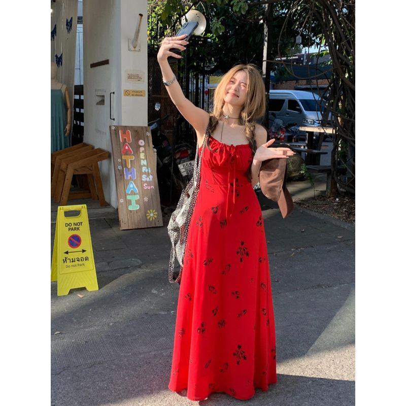 Plus size Chubby Girl French style Holiday Style Red Floral Sling Dress Women Summer New Waist Hugging Hide Meat A- line Skirt