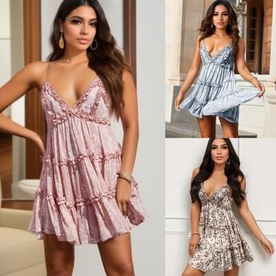 Europa și America de primăvară și vară Noua rochie din dantelă cu bretele cu imprimare digitală dulce dulce