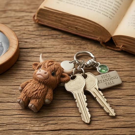 Raktų pakabukas Škotijos aukštumų karvės pakabukas Raktų pakabukas su įkvepiančiu „Vis dar stoviu aukštai“ etiketė Minkšto lydinio dervos raktų pakabukas