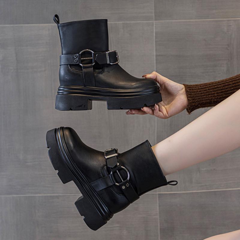 Heel 7cm  Genuine Leather Platform Wedge Ankle Knee High Booties Motorcycle Boots Women Flats ZIP Ankle Booties Punk Fashion