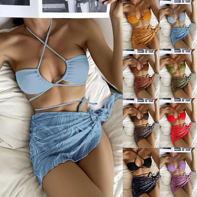Damen Modisches Bikini-Bademode-Set mit Kordelzug und Spitze, kurzer Rock, Netzstoff (3er Set mit Brustpolster ohne Stahlbügel)