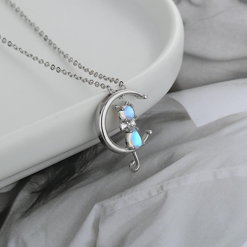 S925 Sterling Silver Chain Korean Version Cat On the Moon Zircon Clavicle Chain Elegant Women's Simple Moonlight Stone Cat Necklace