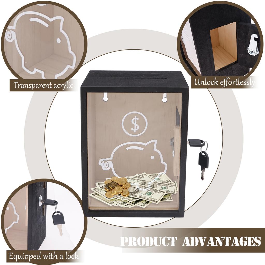 1Pc Clear Piggy Bank Wooden Money Boxes with Lock Large Money Saving Jar Cash Coin Storage Box Money Bank Box for Kid and Adults