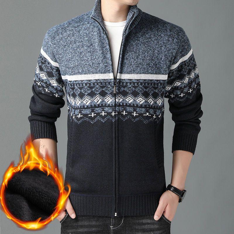 

Толстый зимний мужской свитер с добавлением флиса, кардиган на молнии, свободный воротник-стойка, теплая трикотажная куртка 185