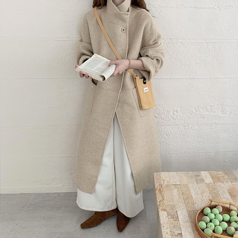 

Autumn and winter new high-end double-sided wool coat stand-up collar single-breasted loose woolen coat women S
