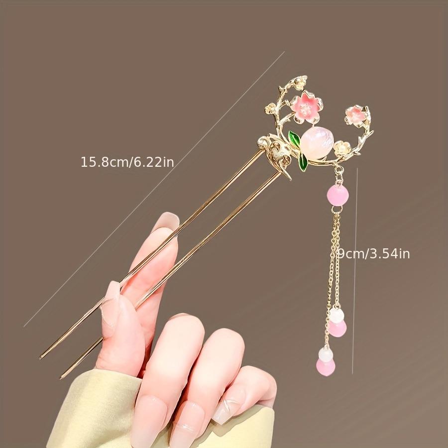 1pc Elegant Peach Blossom Tassel Hairpin Vintage Chinese Style Hair Stick for Women Alloy Floral Hairstyling Hairstyle Accessory