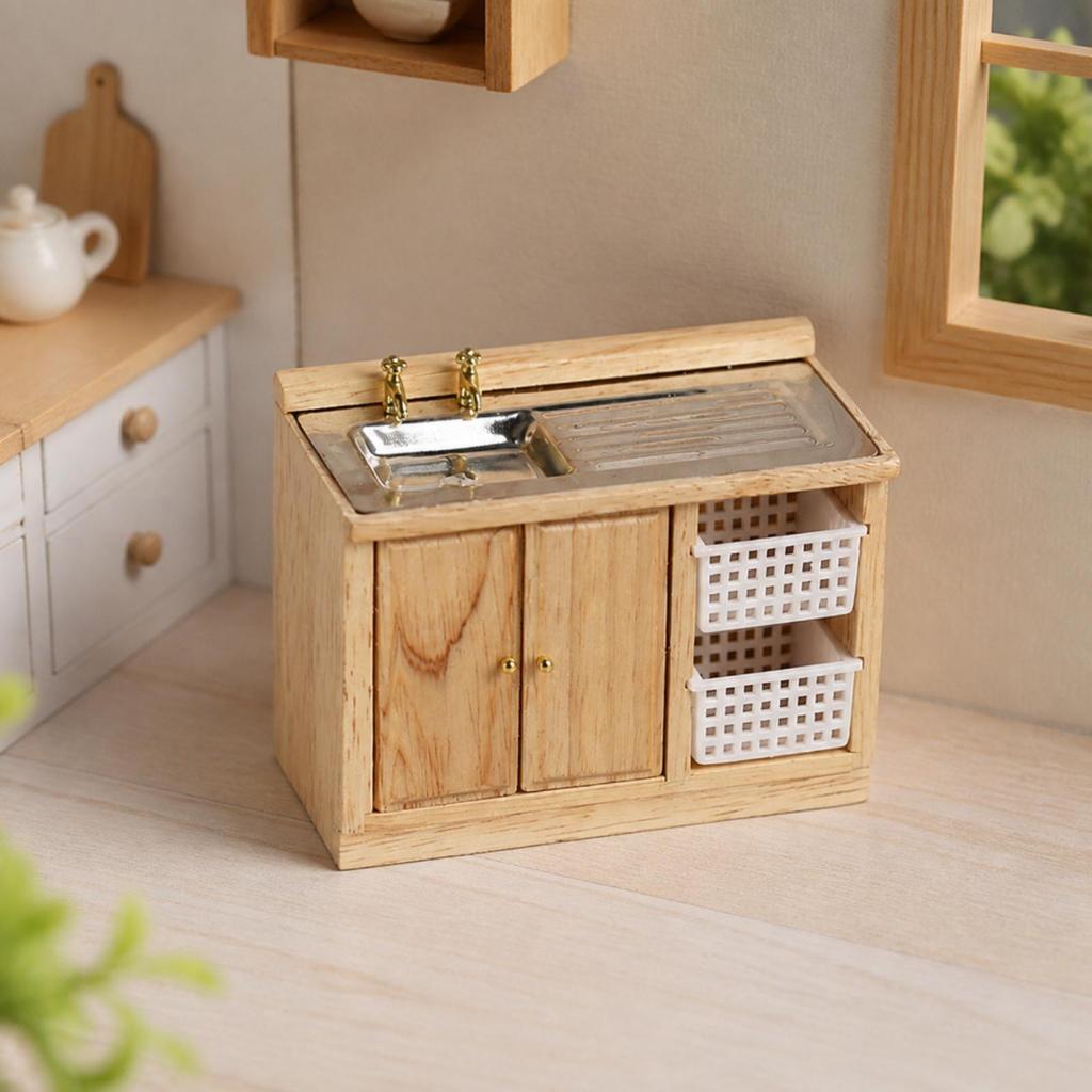 Miniature Furniture Wooden Dollhouse Sink Cabinet with Faucet Versatile