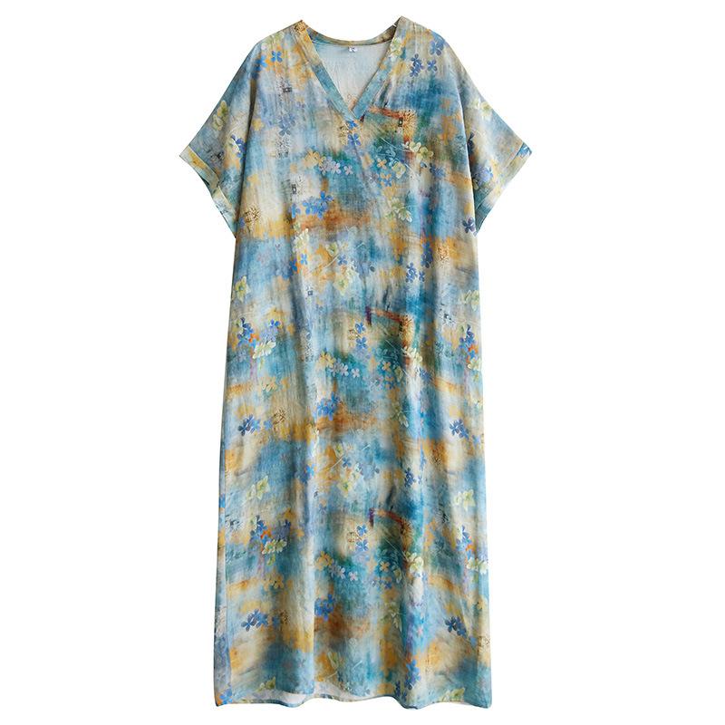 Summer Loose Women's V-neck Cotton Linen Beach Dress