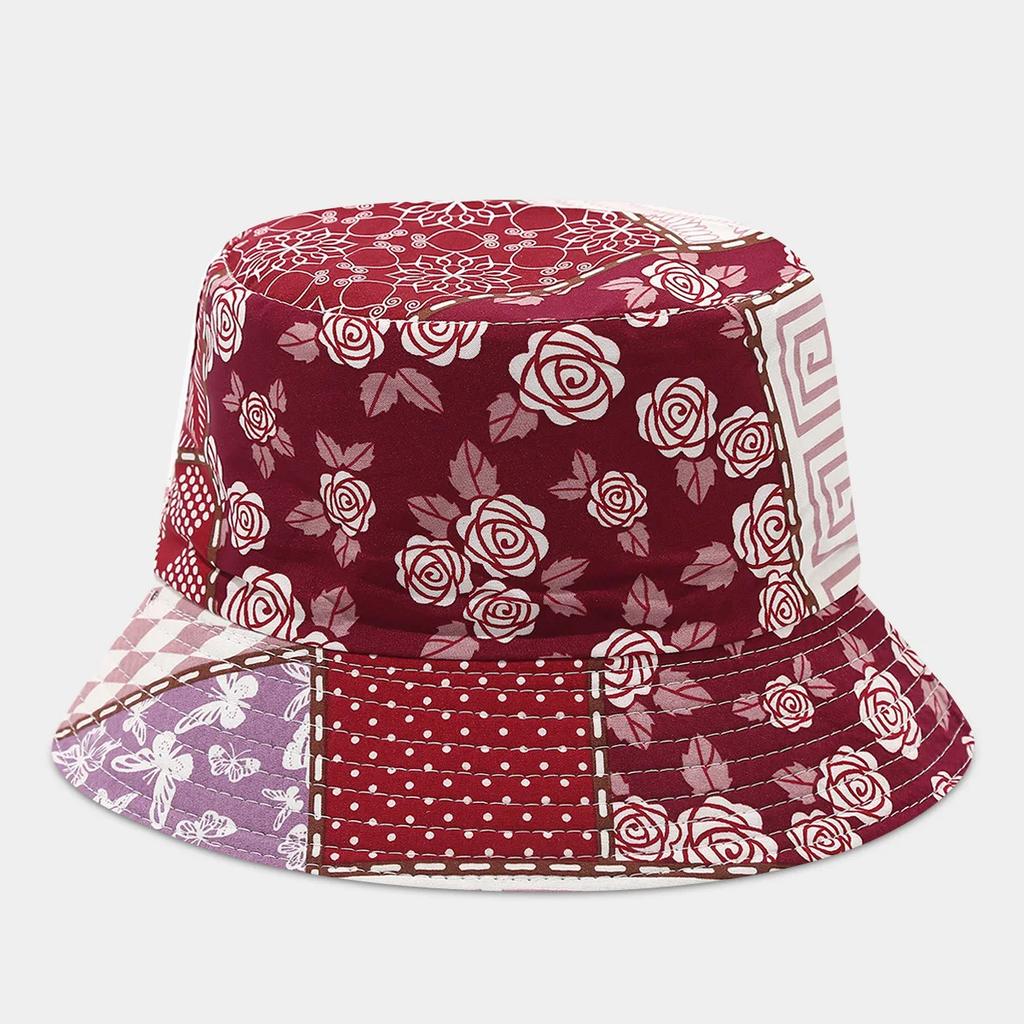Boho style flower print double side sunscreen fisherman hat women fashionable outdoor sunshade retro sun beach bucket hat