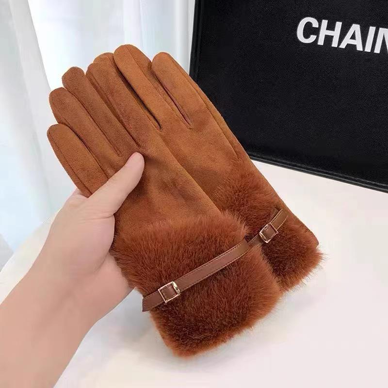 Women's Warm Suede Gloves with Faux Mink Fur and Buckle
