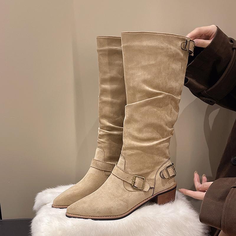 Fashion Knee High Boots Female Autumn Casual Slip on Women Shoes Square Mid Heels Solid Flock Square Buckle Motorcycle Boots