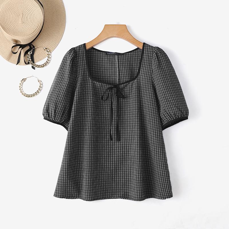 ZANZEA Women Summer Square Collar Casual Short Sleeve Plaid Print Blouse S чёрный