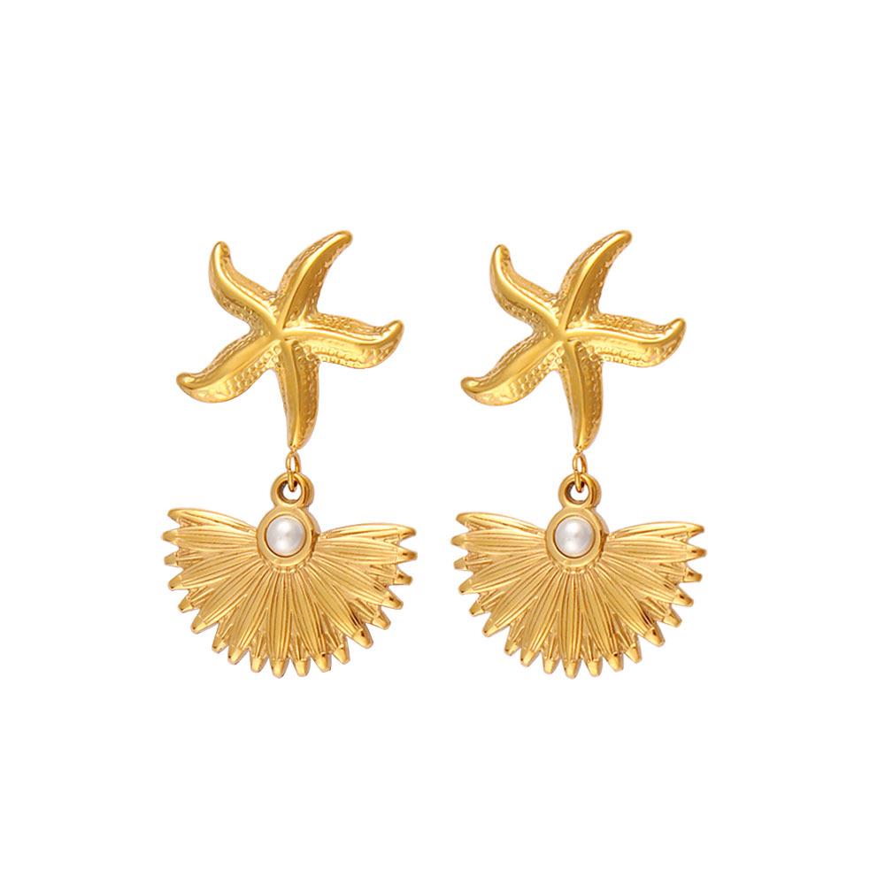 Ocean Series Stainless Steel Starfish  Shell Pearl Earrings - Versatile European  American Fashion for Daily Wear