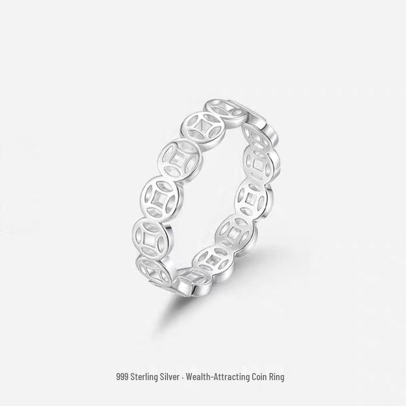 Sterling Silver 999 Wealth-Attracting Coin Ring, Open/Closed Couple Style, Light Luxury Personalized Design. Open, adjustable
