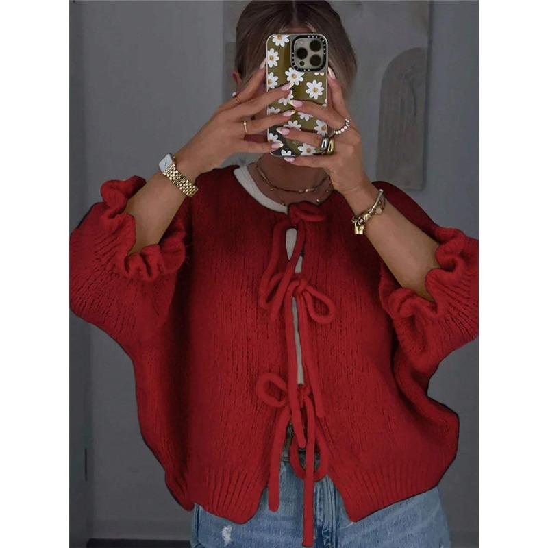 Casual Knit Cardigan Crew Neck 9 10 Sleeve Drawstring Tie