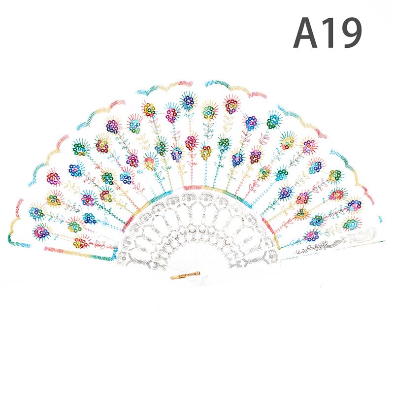 Rainbow Color Dance Fan Peacock Pattern Folding Hand Held Embroidered Sequin Fan