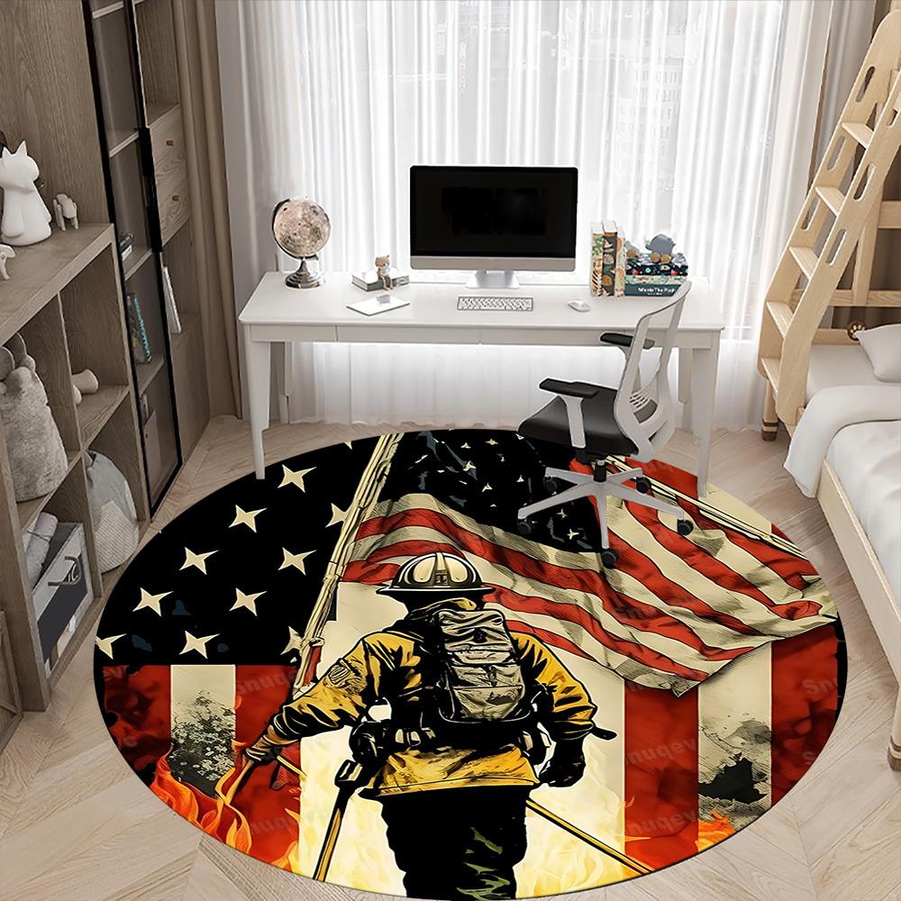 1pc Firefighter Flag Office Round Area Rug, Mat Suitable ForOffice, Under Office Chairs Bedroom Living Room Home Decor, Room Deco
