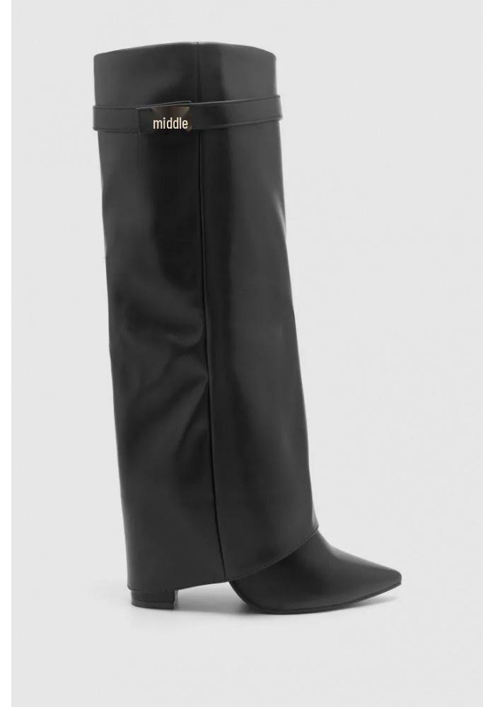 Bottes à talon bloc pointues pour femmes grande taille avec boucle métallique – Mi-longues, Mollets larges