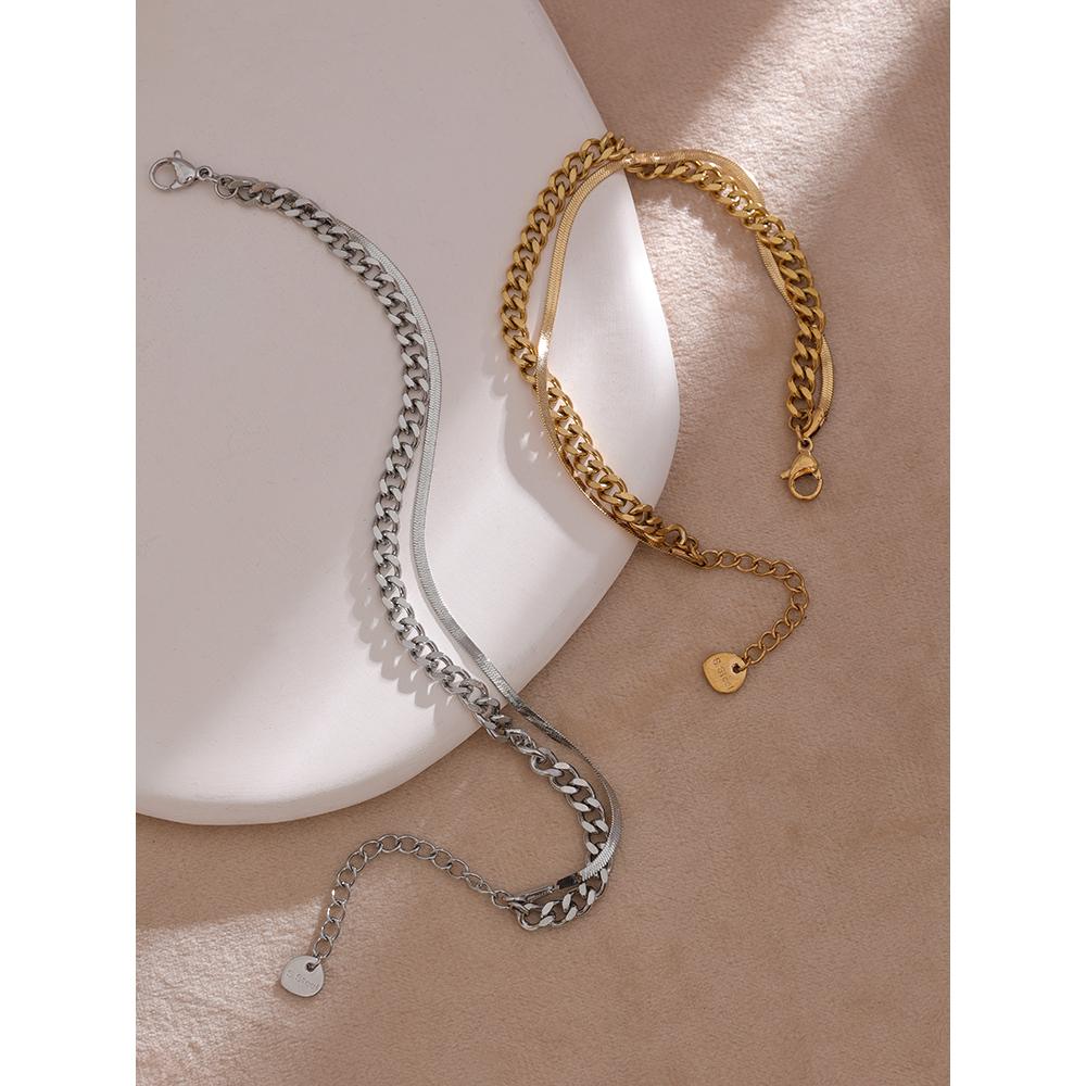 Yhpup Stainless Steel Double Layered Chain Bangle Bracelet Trendy Golden Stylish Unique Design Jewelry Female Party Men Gift