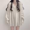 Herbst/Winter V-Ausschnitt Pullover Damen Mittellang Einfarbig Strickpullover
