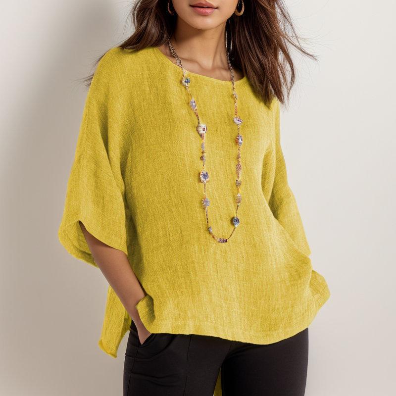 Women's Retro Cotton Linen Seven-Sleeve Shirt - Round Neck Top