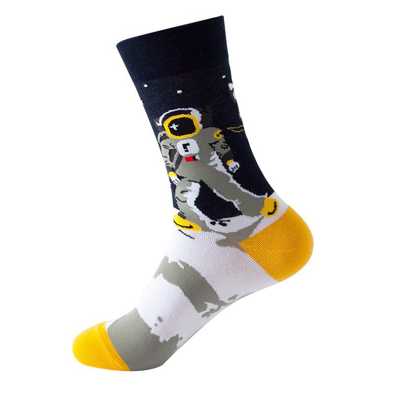 1Pair Funny Ins Astronaut Airplane Heavenly Body Middle Tube Men Happy Socks Streetwear Cotton Male Skateboard Boys Adult Sox