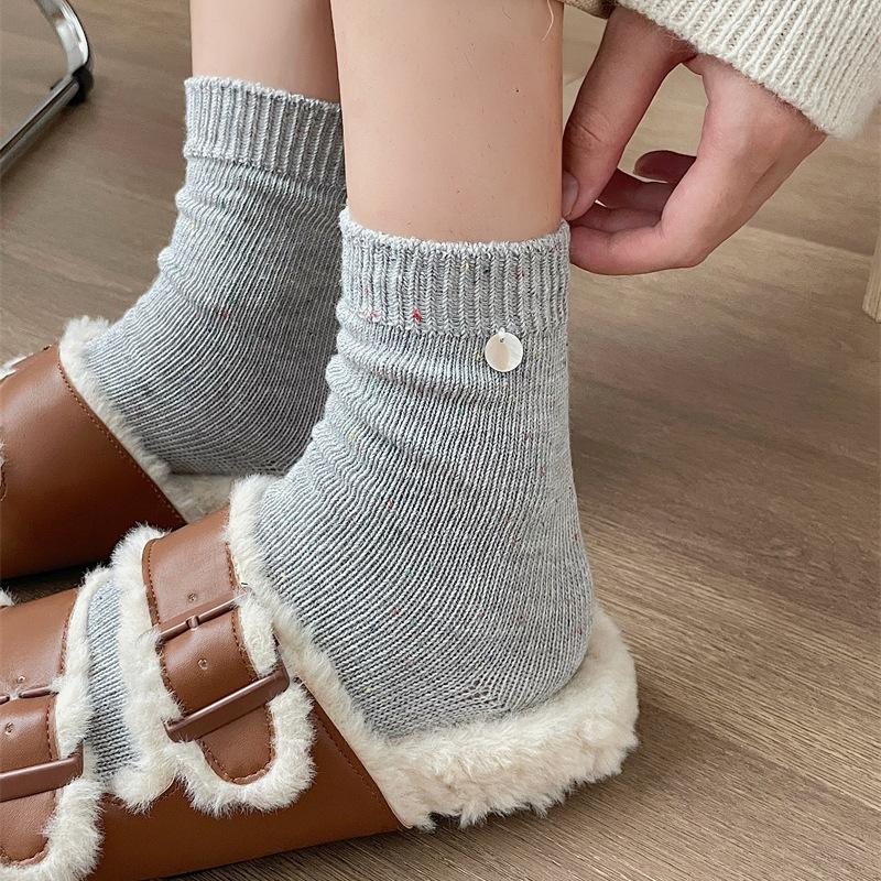 Colorful Polka Dot Yarn Shell Decorated Socks for Women, Spring and Autumn, Candy-colored Mid-calf Socks, Solid Color Sweet Pile Socks