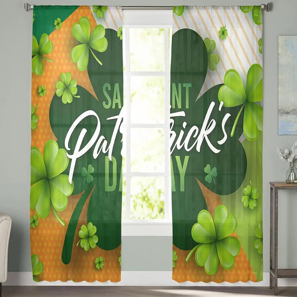 St Patrick Day Clover Lucky Leaves Voile Curtain Living Room Bedroom Kitchen Window Decor Tulle Chiffon Curtains Sheer Polyester Ideal For Area