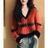 Korean Style Autumn and Winter Loose and Lazy Style New Sweater V-neck Color Block High-end Knitwear for Women