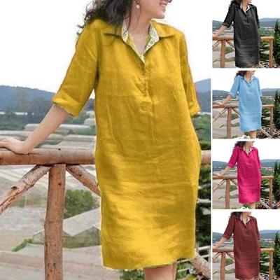 Women Dress Lapel V-neck Buttons Neckline Half Sleeve Loose Fit Dressing Up Knee Length Summer Solid Color Casual Dress Daily Garment