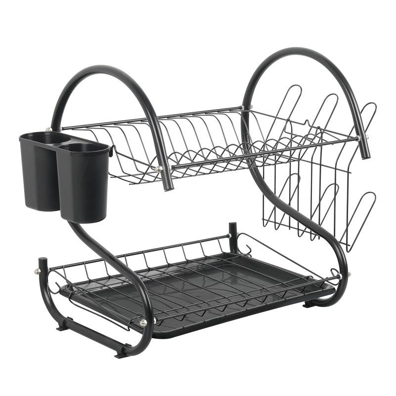 Black Double-Layer Kitchen Organizer: Electroplated Bowl, Plate, and Chopstick Drying Rack with Cup Storage