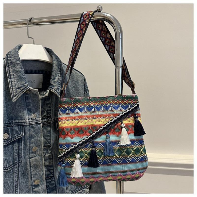Etnická crossbody kabelka, módní lehká luxusní velkokapacitní střapcová taška přes jedno rameno, dámská malá čtvercová taška