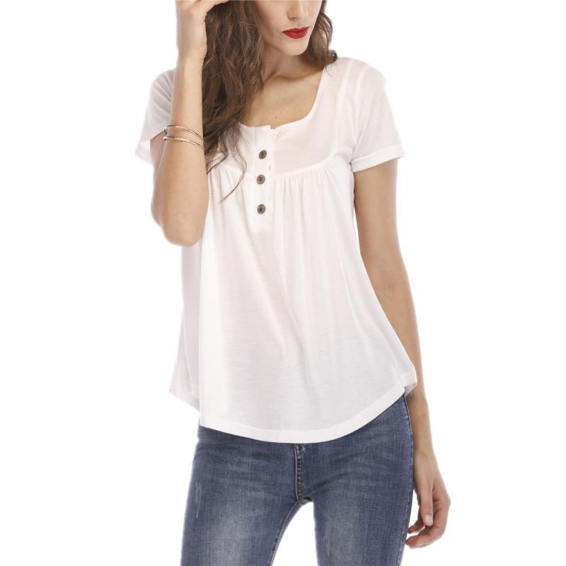 Women Multicolor V Neck Button Decor Short Sleeve Pleated Loose Tunic Blouse