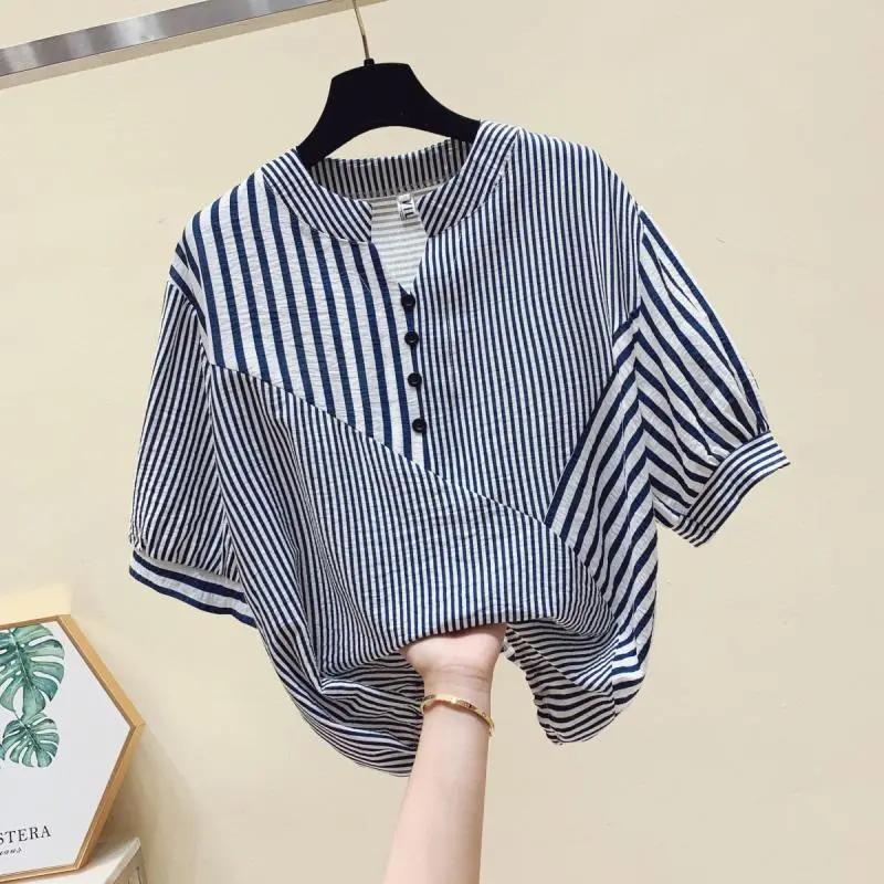Dam sommar oregelbunden randig kortärmad skjorta design skarvning personlig bekväm topp
