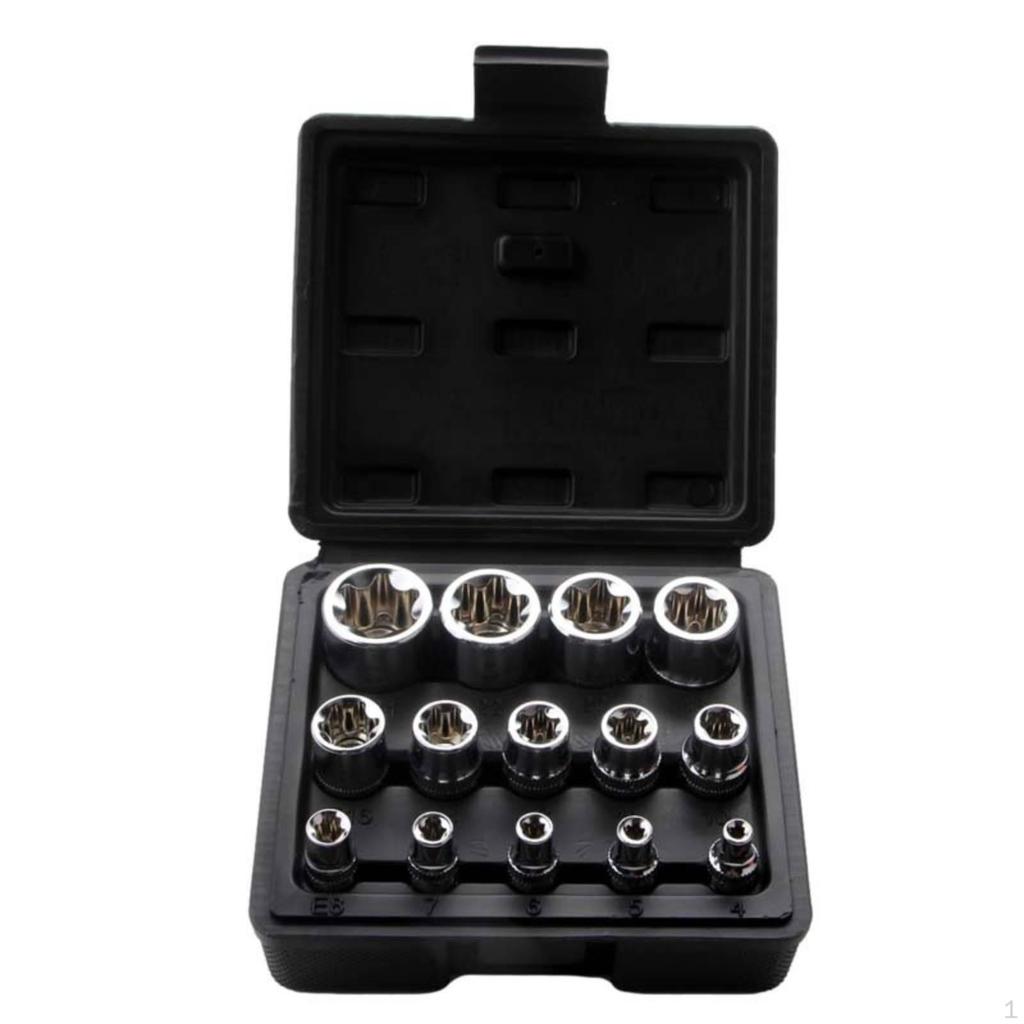 External E Socket Set 14Piece Female Recessed Tool Chrome for Mechanics,