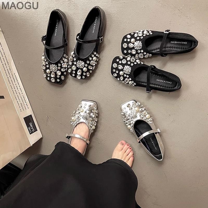 Fashion Silver Rhinestone Mary Jane Shoes Women's Spring Summer Versatile Casual Flats for Daily Wear Comfortable Slip on Shoes