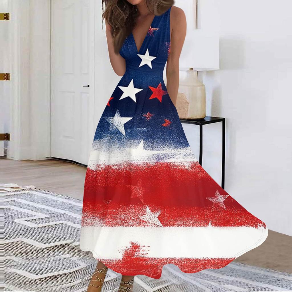 Women's Fashion Casual Loose V Neck Sleeveless Independence Day Printed Long Dresses