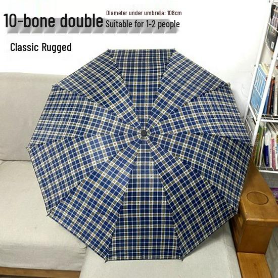 Extra Large Ten-Bone Water-Repellent Plaid Umbrella - British Style for Men & Women, Double/Triple Use