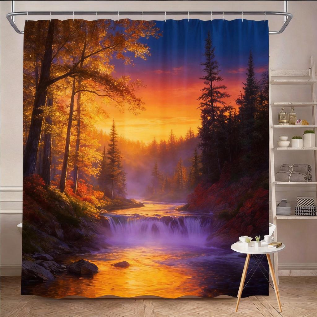 Nature Shower Curtain 180x180cm – Serene Mountain Landscape with River & Pines, Scenic Bathroom Decor, 12 Hooks