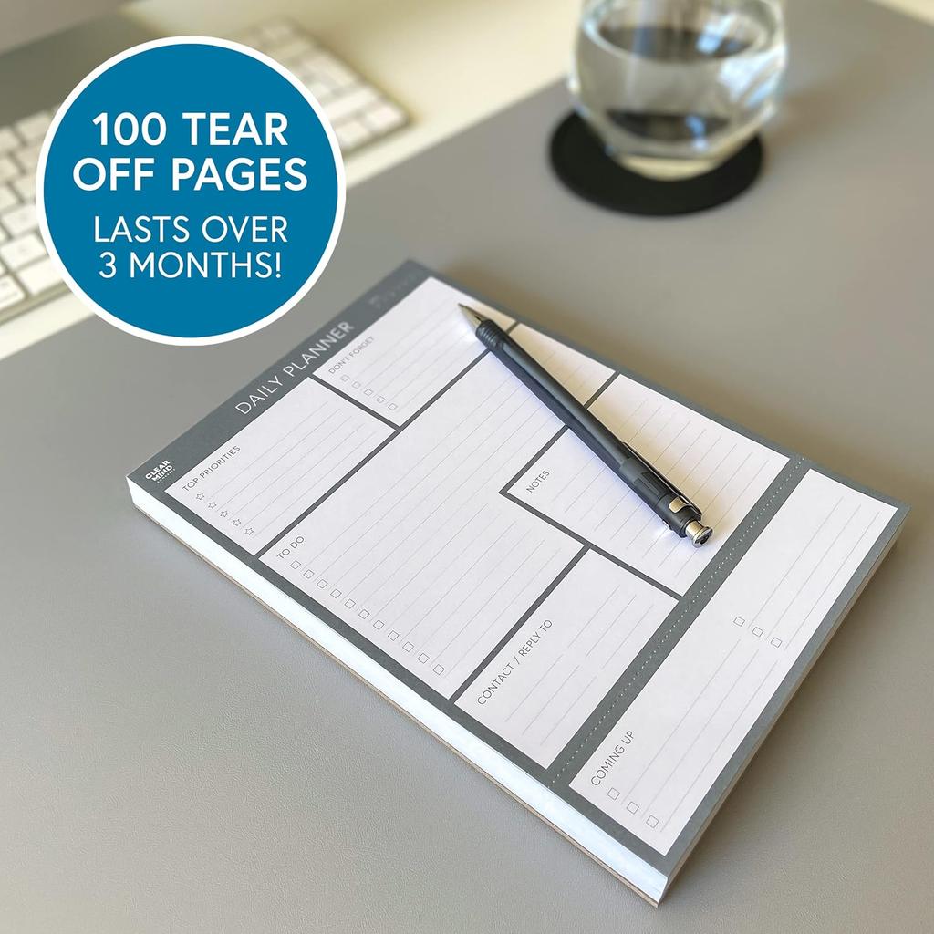 Daily Planner Notepad by Clear Mind Concepts - 100 Tear-Off Sheets, Undated To-Do List Pad, Thick 120gsm Paper for Productivity & Task Organization -